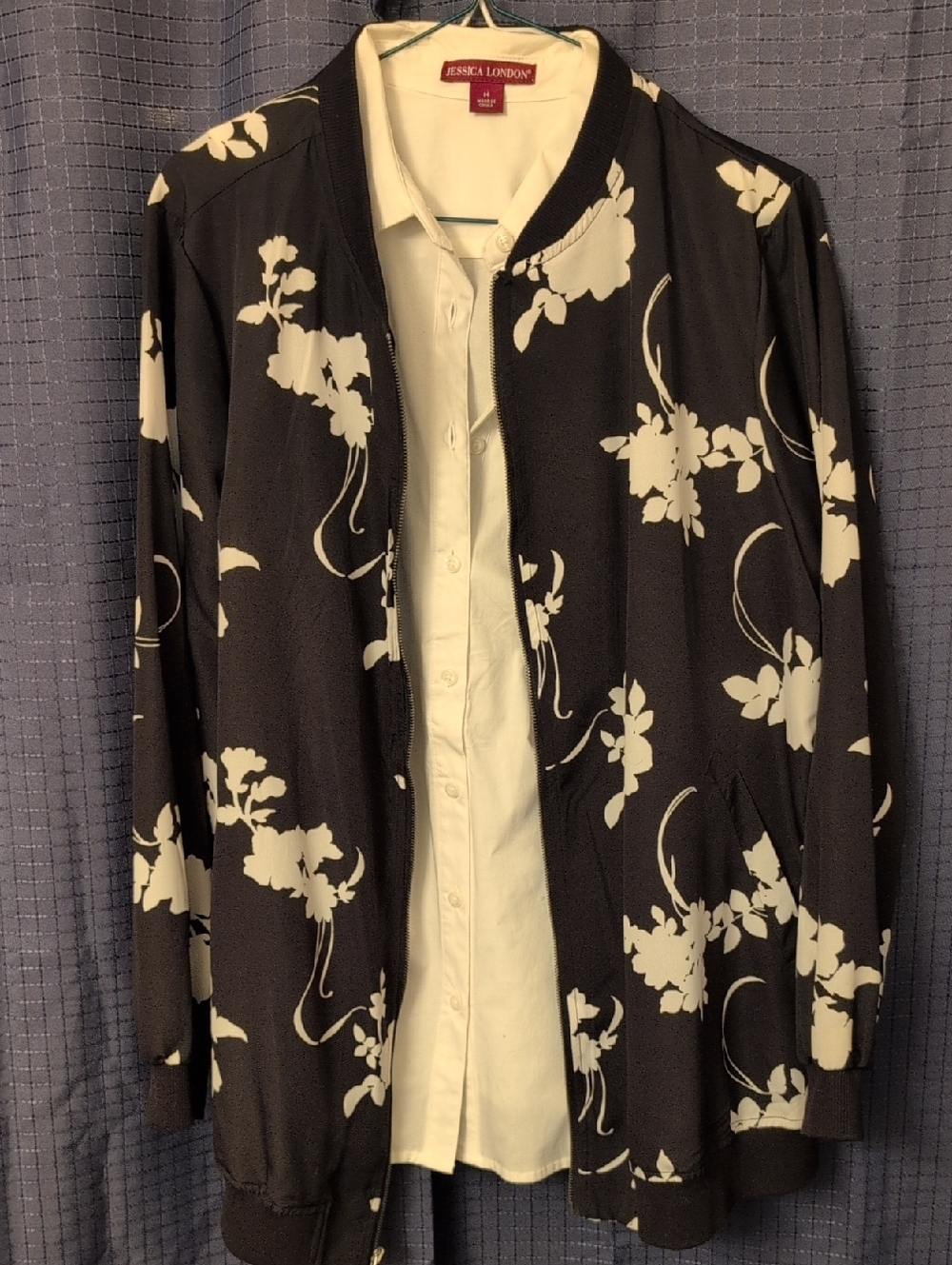 NWOT Jessica London Black Floral Zip-Front Bomber Jacket 14